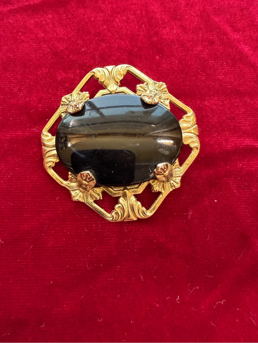 Vintage Victorian Revival Square Black Glass Gold tone Brooch Pin